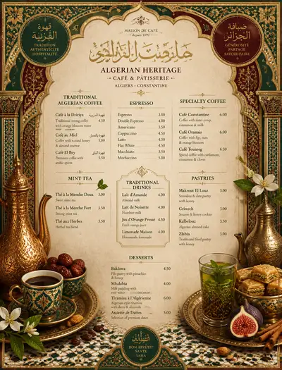 Maximalist Algerian-heritage coffee shop menu design
