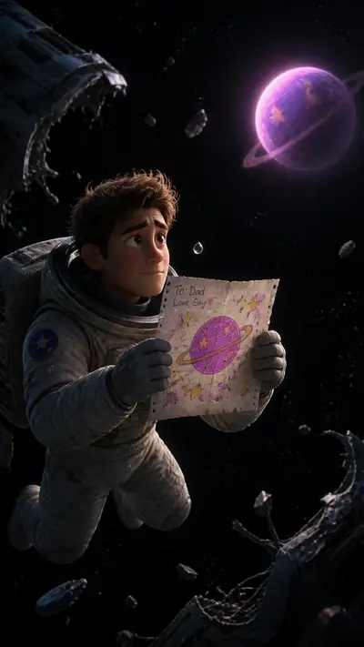 Astronaut Floating with His Daughter's Hand-Drawn Star Map