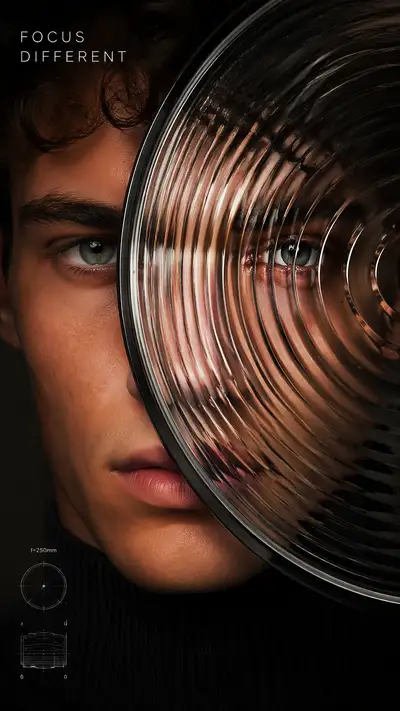 Editorial portrait distorted by a giant Fresnel lens