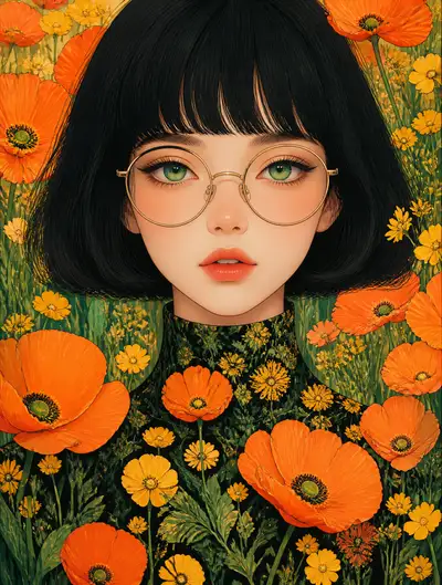 Stylized Portrait of a Woman With Bob Hair Among Poppies