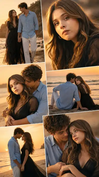 Collage romantique de plage à l'heure dorée pour couples
