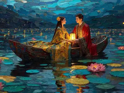 Klimt-Inspired Impasto Oil Painting of Lovers on a Lotus Lake