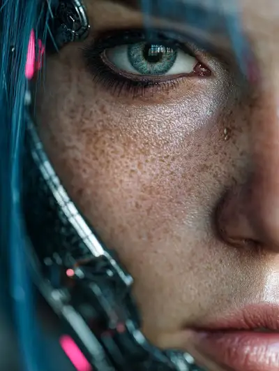 ロボット義眼のサイバーパンク女性、映画的クローズアップ