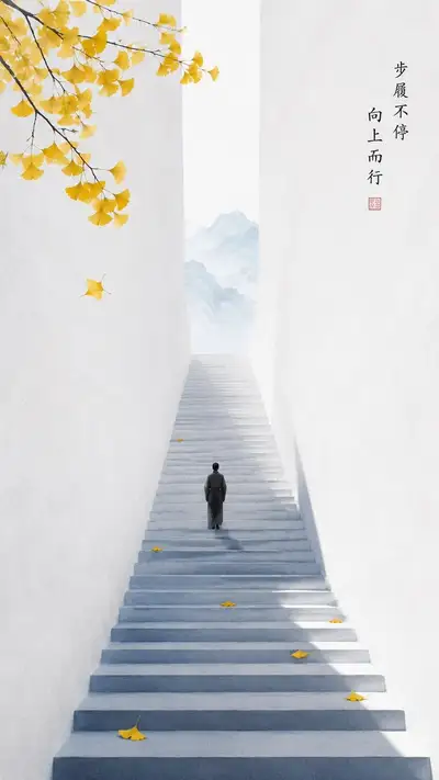 Zen minimalist poster of a figure climbing stairs among ginkgo leaves