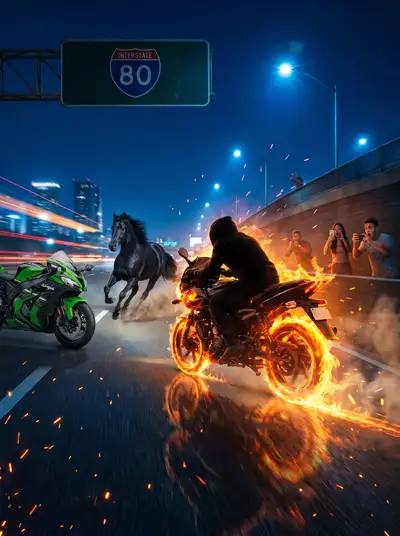 Ghost Rider motorcycle race against Ninja and horse