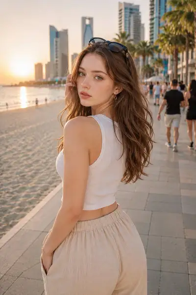 Golden Hour Beach Promenade Portrait