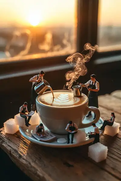 Diminutas personas en miniatura trabajando dentro de una taza de cafe gigante