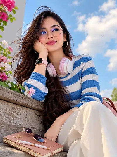 Outdoor sky-backdrop sweater portrait prompt