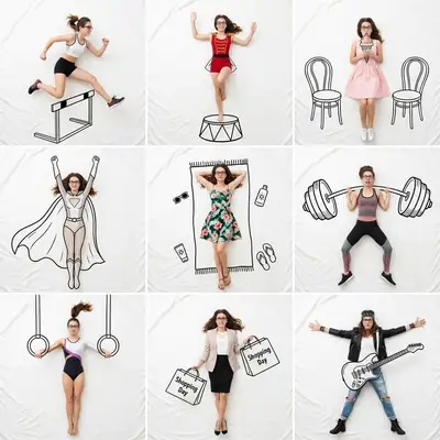 3x3 lifestyle collage with playful hand-drawn doodles