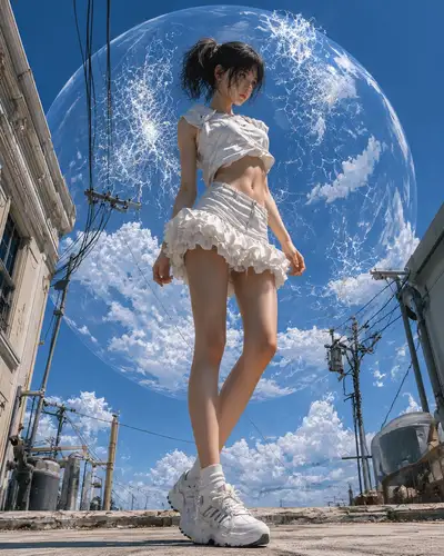 Femme dans une ruelle urbaine sous une gigantesque sphère céleste transparente