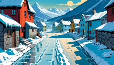 1950s Comic Illustration of Icy Village Road