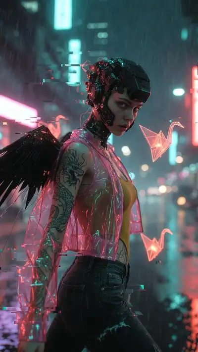 Cybernetic Woman with Dragon Tattoo in Neon City