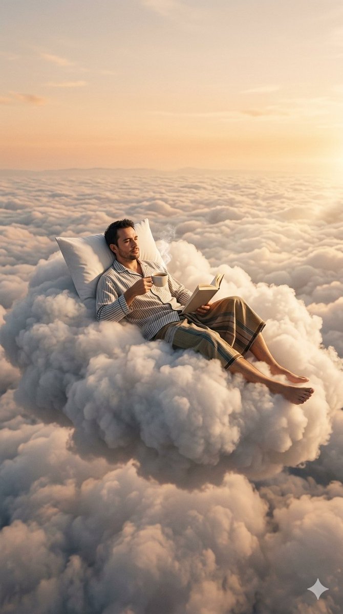 Man relaxing on a cloud in golden hour light (JSON)