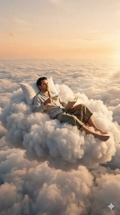 ゴールデンアワーの光の中、雲の上でくつろぐ男性（JSON）