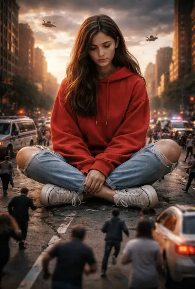 Giant Woman in City Street Cinematic Scene