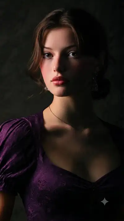 Portrait clair-obscur de style Renaissance en robe violette