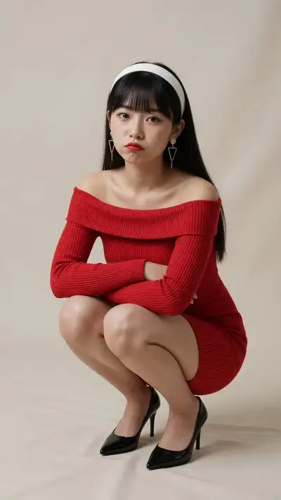 Portrait de mode Grok avec une robe-pull côtelée rouge