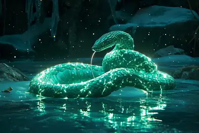 Luminous Emerald Snake in Icy Lake