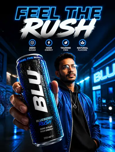 BLU energy drink advertisement poster with neon urban model