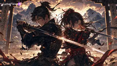 Ilustración anime de pareja entrenando con espadas al amanecer dorado