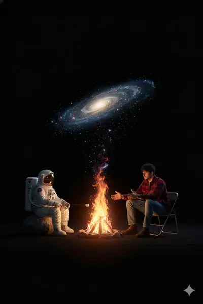 Astronaut and man sharing a campfire that becomes a spiral galaxy