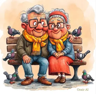 Whimsical Watercolor Elderly Couple on Park Bench