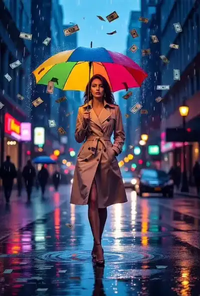 Femme confiante sous un parapluie dans une pluie de dollars