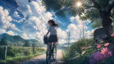 Nostalgische Anime-Szene eines Mädchens, das mit dem Fahrrad durch Wildblumen fährt