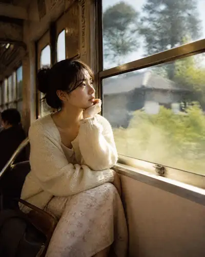 Japanese Woman Watching Scenery from an Old Train Window