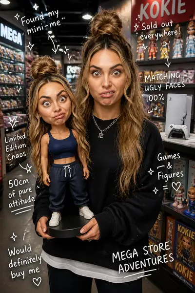 Collectible figurine store photo, matching goofy expression