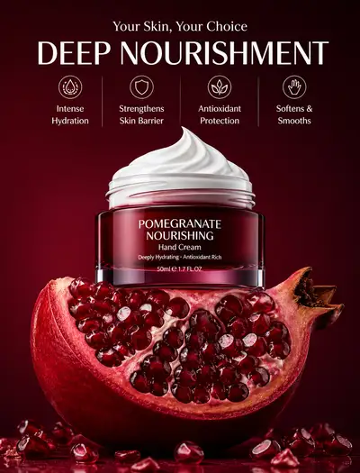 Pomegranate hand cream macro product photography