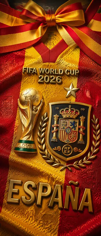Macro close-up of a Spain football jersey with FIFA World Cup 2026 badge