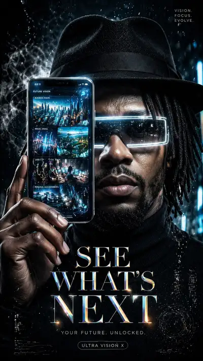 Ultra premium smartphone ad poster with holographic UI overlays