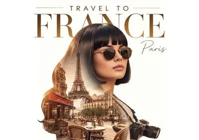 Cinematic Paris travel poster with double exposure traveler portrait