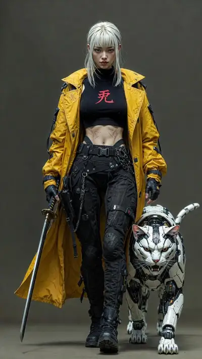 Cinematic Futuristic Female Warrior with Cybernetic Cat