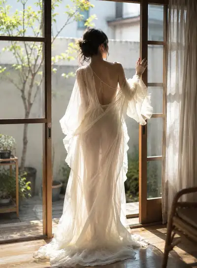 Soft morning light portrait by a garden window