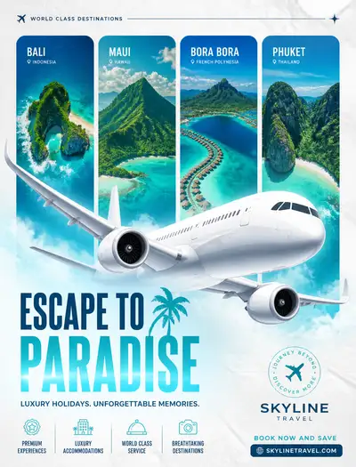 Tropical travel promotion poster with commercial jet