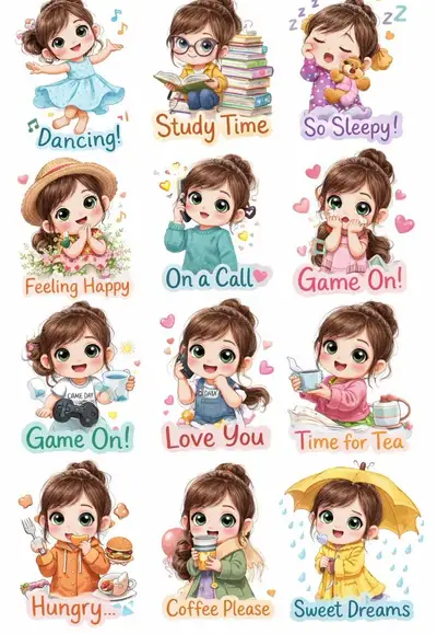 Generator für süße Chibi-Mädchen-Sticker-Sets mit individuellem Gesicht