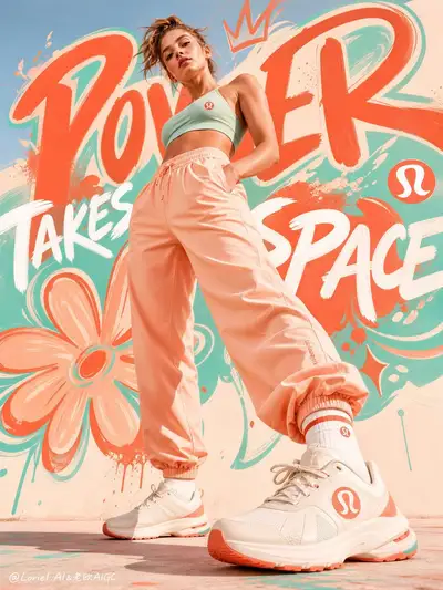 Low-angle Lululemon poster in coral and mint with mural type