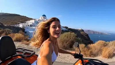 Santorini travel-vlog reel with a scene-by-scene timeline