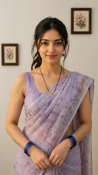 Smiling Indian woman portrait in a floral saree