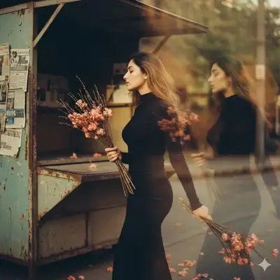 Vintage film-grain portrait with withered flowers