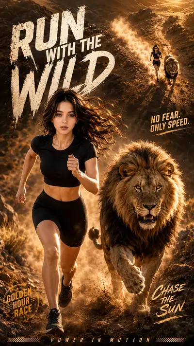 Cinematic Double-Exposure Action Poster: Woman and Lion Running at Golden Hour