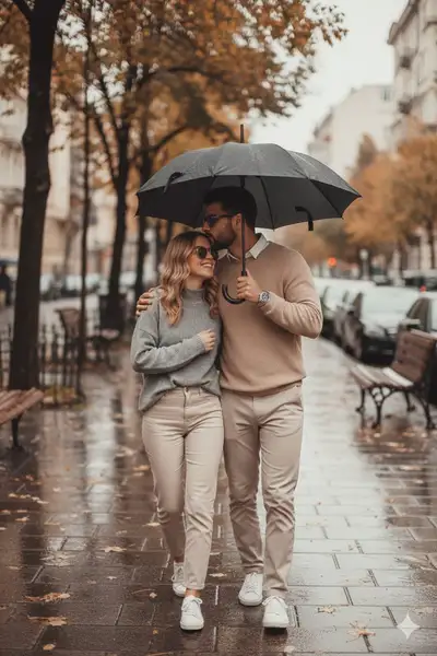 Couple romantique marchant sous la pluie d'automne