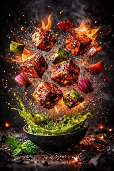 Explosive cinematic curry splash food photography