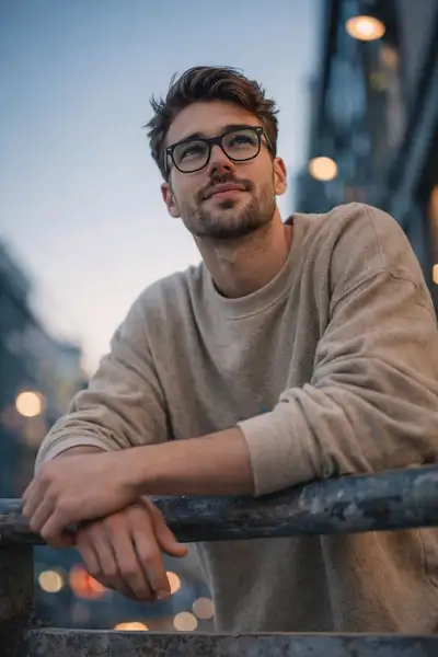 Portrait cinématique en contre-plongée appuyé sur une balustrade en béton