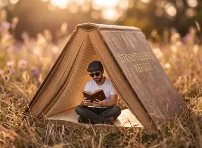 Miniature Man Reading Inside Book Tent