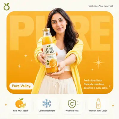 Product advertisement poster for a fresh orange juice brand