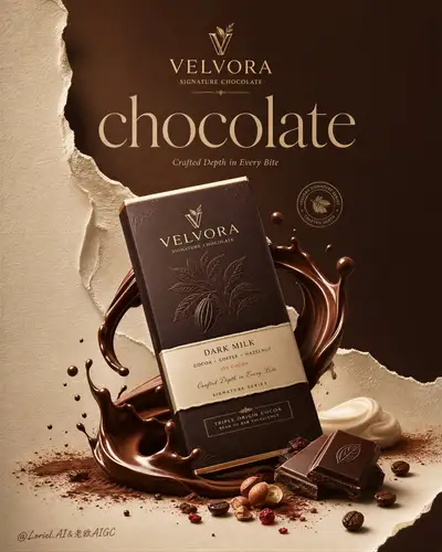 Affiche de campagne de chocolat de luxe VELVORA, série émeraude et or
