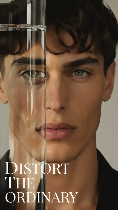 Portrait distorted through a water-filled transparent cylinder